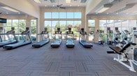 Located at 6115 Abbotts Bridge Rd in Johns Creek, Georgia, this fitness center is a comprehensively outfitted facility designed to support a full range of workout routines. The space is housed on a single floor and is characterized by its bright, open layout, elevated ceilings, and abundant natural light streaming through large, floor-to-ceiling windows that offer views of the surrounding outdoor greenery and pool area.

The facility is divided into distinct workout zones. The cardio area features a row of treadmills and elliptical machines, each equipped with individual monitors, positioned to face the expansive windows — making workouts more engaging with scenic outdoor views. Ceiling fans and recessed lighting complement the well-lit environment throughout.

The strength training section is equally well-appointed, offering a variety of selectorized machines, free-weight benches, and a full rack of dumbbells neatly arranged along mirrored walls. The mirrors enhance the sense of space while allowing users to monitor their form. A power rack with a barbell and weight plates adds to the versatility of the strength training options.

A dedicated functional training area includes a wall-mounted pull-up and dip station, exercise balls, and resistance training accessories. Wall-mounted televisions are positioned throughout the space for entertainment. The durable, patterned carpet tile flooring and rubber mat zones provide both comfort and safety across all workout areas.