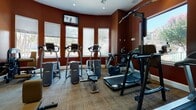 This fitness center is a comprehensively outfitted facility designed to support a full range of workout routines. The space is immediately distinguished by its rich, deep terracotta-red walls, which lend a bold and energizing ambiance throughout. Carpeted flooring spans the entire area, providing comfort underfoot while maintaining a clean, polished aesthetic.

The cardio section lines one side of the room and features multiple treadmills and elliptical machines, positioned directly in front of large windows that flood the space with natural light and offer pleasant views of palm trees and the surrounding outdoor landscape. A wall-mounted television is positioned nearby, adding an entertainment option for cardio sessions.

The strength training area is equally well-appointed, housing a cable machine, a multi-station weight machine, a Smith machine with a full barbell rack, and a comprehensive dumbbell rack. A large wall mirror amplifies the sense of space and allows for form checking during workouts. A yoga mat on the floor signals a dedicated area for stretching and floor exercises, complemented by kettlebells and a flat weight bench for versatile training.

The vaulted wood-paneled ceiling in the weight area adds architectural warmth and height to the room. Near the entrance, double glass doors open to the exterior, and a built-in dual water fountain station provides convenient hydration. Recessed lighting throughout ensures the entire space is consistently and well-lit.
