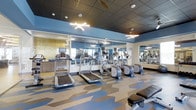 Located at 1150 Helen Drive in Newark, Delaware, this modern fitness center offers a well-appointed, single-floor exercise facility designed for both functionality and visual appeal. The space features a striking contemporary aesthetic, with bold blue accent walls contrasting against a dark ceiling fitted with geometric acoustic tiles. Unique star-shaped pendant light fixtures provide focused illumination throughout the room, enhancing the energetic atmosphere.

The cardio zone is generously equipped with multiple treadmills and elliptical machines, each outfitted with individual display screens for an engaging workout experience. Full-length mirrored walls line the perimeter, creating a sense of expansiveness and allowing members to monitor their form during exercise. A dedicated free weights area is visible in the reflection, indicating a well-rounded equipment offering.

The flooring features a bold geometric pattern in blue, tan, and grey tones, adding a dynamic visual element that complements the overall modern design. The space is thoughtfully arranged to allow for comfortable movement between stations. Additional amenities visible along the wall suggest convenient access to refreshments or wellness supplies. Overall, this fitness center delivers a clean, professional, and motivating environment for a comprehensive workout experience.