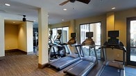 This single-floor fitness center offers a practical and inviting environment for exercise. The space is outfitted with a row of modern cardio machines, including treadmills and ellipticals, each equipped with individual display screens for tracking workout metrics and entertainment. Large windows along the perimeter allow ample natural light to fill the room, providing views of the surrounding exterior and creating an open, airy atmosphere. A ceiling fan mounted overhead aids in air circulation, enhancing comfort during use. The flooring features a warm wood-tone surface that adds a polished, contemporary feel to the space. Recessed lighting complements the natural light, ensuring the area remains well-illuminated throughout the day. Structural columns punctuate the layout, adding architectural character without significantly impeding the functional flow of the room. A mirrored wall section and additional equipment are visible toward the rear of the space, suggesting a dedicated strength-training or stretching zone. Overall, the fitness center is designed with both functionality and comfort in mind, offering residents or users a well-rounded environment to support a variety of exercise routines.