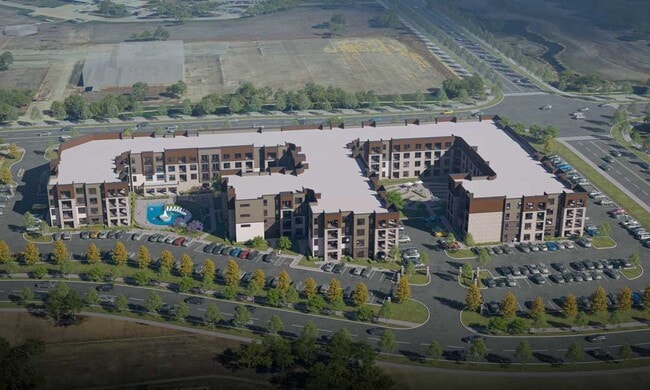 Aerial rendering of Mesquite Trails at Brooks with multiple buildings, landscaped grounds, parking areas, and a central pool courtyard - Mesquite Trails at Brooks