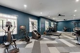 Located at 138 Greison Trail in Newnan, Georgia, this fitness center offers a well-equipped, single-floor workout facility designed to support a full range of exercise routines. The space is defined by its bold teal-painted walls, which lend a modern, energetic ambiance throughout. A geometric, multi-tone carpet tile floor in shades of gray and beige adds visual interest while providing a practical surface underfoot.

The facility is organized to accommodate both cardio and strength training. The cardio zone features a variety of machines, including stationary bikes, stair climbers, rowing machines, and treadmills, all positioned to take advantage of the natural light streaming through multiple large, white-framed windows. Ceiling fans are installed throughout, ensuring consistent air circulation during workouts.

The strength training area includes a multi-functional cable machine and additional resistance equipment. Full-length mirrors line portions of the walls, enhancing the sense of space and allowing users to monitor their form. A standout design element is the large artistic mural wall — a bold, graphic collage-style feature that adds a dynamic focal point to the space.

Recessed lighting supplements natural light, keeping the environment bright and functional at all times. The overall layout is open and well-organized, making efficient use of the available floor space.