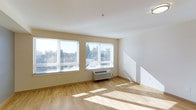 This single-floor space showcases a clean, minimalist design characterized by light hardwood flooring and crisp white walls that together create a bright, airy atmosphere. The main living area is well-lit, benefiting from two large windows fitted with horizontal blinds that allow for adjustable natural light while framing views of surrounding trees and the outdoor environment. Sunlight streams through the windows, casting natural patterns across the hardwood floors and enhancing the open feel of the room.

The walls are finished in a neutral off-white tone, contributing to the space's understated and versatile aesthetic. A wall-mounted PTAC (packaged terminal air conditioner) unit is positioned beneath one of the windows, providing both heating and cooling functionality directly within the living area. The smooth white ceiling features a centrally located smoke detector, and the overall construction reflects a modern, practical build quality.

Baseboards run neatly along the walls, and electrical outlets are conveniently positioned throughout the room. The space is unfurnished, allowing its layout and proportions to be clearly appreciated. Overall, the design prioritizes functionality, natural light, and a clean, neutral palette suited to a variety of uses.