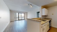 Located at 101 Summer St in the heart of downtown Stamford, Connecticut, this single-floor residence offers a well-designed open-concept layout that maximizes both space and functionality. The living area is a highlight of the home, featuring light-toned hardwood-style flooring, a textured ceiling, and expansive sliding glass doors that open to a private balcony overlooking the surrounding cityscape, flooding the interior with natural light.

The kitchen is thoughtfully designed in a galley configuration, outfitted with white cabinetry, granite countertops, stainless steel appliances including a range and microwave, and a dishwasher. A breakfast bar peninsula connects the kitchen seamlessly to the living space, making it ideal for both everyday living and entertaining.

The bedroom is generously proportioned, featuring plush carpeting, two windows with urban views, and a double-door closet with built-in shelving for ample storage. A full bathroom is finished with tile flooring, a vanity with granite countertop, white cabinetry, and a tub and shower combination with accessibility grab bars.

Completing the unit is an in-unit stacked washer and dryer, conveniently tucked within a dedicated closet. The overall aesthetic is clean and contemporary, with a neutral palette throughout that creates a bright, move-in-ready environment in a prime Stamford location.