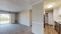 Located at 3554 Weymouth St in Durham, NC, this single-floor residence offers a practical and comfortable layout designed for everyday living. The spacious living area is finished with plush wall-to-wall carpeting and neutral-toned walls, creating a clean, versatile backdrop. A standout feature is the large sliding glass door that opens to a private balcony, filling the living space with natural light and providing pleasant outdoor views of the surrounding greenery. A ceiling fan is present in one of the main living areas, adding to the comfort of the space.

The kitchen is well-appointed with white cabinetry, marble-look countertops, a stainless steel electric range with an overhead ventilation hood, and a stainless steel refrigerator. Wood-look flooring in the kitchen and adjacent areas provides a practical and attractive contrast to the carpeted rooms.

The bedroom features a wide window that allows ample natural light and offers views of the outdoors, complemented by soft carpeting and a textured ceiling. A closet with built-in shelving provides organized storage.

The bathroom is neatly finished with wood-look flooring, a single vanity with gray cabinetry, and a tiled shower-tub combination, offering a clean and functional design throughout.