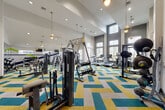 Located at 23400 Kingsland Blvd in Houston, TX, this fitness center offers a thoughtfully designed, single-floor workout facility that provides ample space for a comprehensive exercise experience. The room is defined by soaring double-height ceilings in the main workout area, which create an open, airy atmosphere and are complemented by large windows along the upper walls that flood the space with natural light. Pendant lighting with warm-toned bulbs adds a stylish, modern touch overhead.

The floor is covered in a bold, herringbone-patterned carpet in teal, yellow, and gray, giving the space a vibrant and energetic aesthetic. The facility is comprehensively outfitted with a wide variety of equipment, including Cybex and TRX strength machines, cable systems, a functional training rig, dumbbell racks with a full range of free weights, kettlebell sets, treadmills, a rowing machine, and a stationary air bike. Full-length mirrors are strategically placed to enhance the sense of space and support proper form during workouts.

Wall-mounted flat-screen televisions are positioned for convenient viewing during cardio sessions. An accent wall features bold navy and lime green graphic stripes, reinforcing the energetic design theme. A small support area with shelving and a desk station is accessible near the entrance, adding functional convenience to the space.