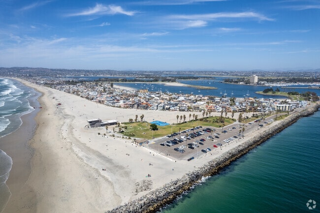 An elevated view of South Mission Beach shows a lively park near the jetty.
