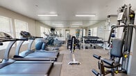 This fitness center is a comprehensively equipped facility designed to support a wide range of workout routines. The space is organized across a single floor and accessed through a bright, modern hallway featuring wood-look flooring, neutral-toned walls, and large interior windows that provide visibility into adjacent rooms, including an office area.

The main workout area is generously sized and well-lit by overhead fluorescent lighting, with large windows fitted with blinds along the perimeter walls that allow natural light to fill the space. Carpet-covered flooring runs throughout the exercise areas, providing comfort underfoot. Full-length mirrors line one wall, enhancing the sense of openness and allowing users to monitor their form during workouts.

The cardio section is stocked with multiple treadmills, including True-brand models, as well as elliptical machines and a stationary bike, all arranged for easy access. A wall-mounted television is positioned for viewing during cardio sessions. The strength training area features a multi-functional cable machine, an adjustable weight bench, and a well-stocked dumbbell rack with a broad range of weights. Yoga mats in various colors are neatly stored on a wall-mounted rack, and medicine balls are also available. French doors with glass panes connect sections of the facility, contributing to an open, airy atmosphere throughout.