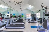 Located at 1400 Mall of Georgia Blvd in Buford, Georgia, this well-appointed fitness center offers a comprehensive workout environment designed to accommodate a wide range of exercise routines. The single-floor space is architecturally distinguished by soaring vaulted ceilings and skylights that flood the room with natural light, creating an open and energizing atmosphere. Soft blue-gray walls, light-toned flooring, and ceiling fans contribute to a clean, comfortable environment.

The cardio zone features multiple Landice treadmills and an elliptical trainer, all positioned in front of large floor-to-ceiling mirrors that visually expand the space. A wall-mounted flat-screen television keeps users entertained during workouts. The strength training area is well-stocked, including a multi-station cable machine, a power rack with weight plates, adjustable benches, and a full dumbbell rack offering a broad range of free weights. Stability balls in multiple sizes are also available for functional fitness exercises.

Large windows along the perimeter frame views of the surrounding outdoor greenery, enhancing the bright and welcoming ambiance. Rubber floor mats protect key workout zones, and a yoga/exercise mat is provided for stretching or floor exercises. Posted fitness policies and a sanitization station reflect a commitment to maintaining a clean and safe facility.