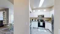 Located in Phoenix, Arizona, this single-story 2-bedroom, 2-bathroom home offers a well-designed layout with a variety of functional spaces. The living room is a standout area, featuring elegant arched entryways, light wood-style flooring, and a tiled fireplace framed by a built-in arched niche — an ideal focal point for the room. The kitchen is equipped with white cabinetry, stainless steel appliances including a range and over-the-range microwave, and gray stone-look countertops. High transom windows allow natural light to brighten the space. Adjacent to the kitchen, the dining area features a bay-style window with outdoor views and a door providing access to one of two patios. The primary bedroom offers carpeted flooring, a ceiling fan, vaulted ceiling, and sliding glass door access to a private patio. The second bedroom is bright and carpeted, with a closet and natural light from a window. A dedicated office provides additional flexible living space. Both bathrooms include tub/shower combinations with tile surrounds and wood-style flooring. The in-unit laundry room accommodates a full-size washer and dryer. With three closets and multiple hallways, storage and circulation throughout the home are well-organized.