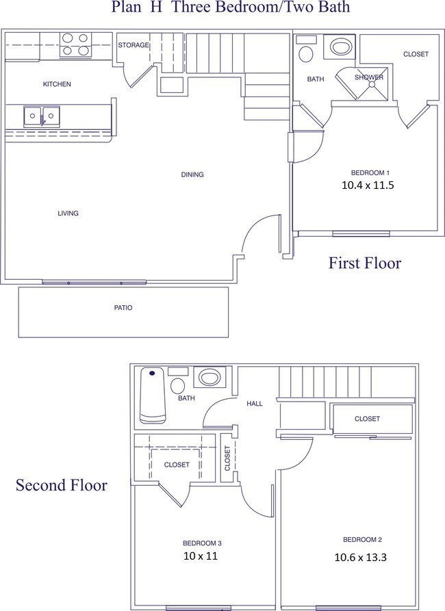 Plano H 3HAB 1.5BA Casa adosada 1064SF - Bridgeport Apartment Homes
