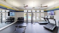 Located at 10015 Madison Square Pl in Charlotte, NC, this fitness center is a well-appointed, single-floor facility designed to support a comprehensive workout experience. The space features a distinctive decorative stripe along the upper walls in bold blue and yellow hues, lending it an energetic and motivating ambiance. Crown molding adds a polished architectural touch throughout.

The cardio zone is generously equipped with multiple treadmills, elliptical trainers, and stair climbers from brands including True and Star Trac, each positioned for comfortable use. Wall-mounted flat-screen televisions are strategically placed throughout the space, keeping users entertained during their workouts.

The strength training area offers a robust selection of cable machines and multi-functional weight stations from Cybex and other commercial-grade manufacturers, alongside a full dumbbell rack with a flat utility bench for free weight training. Large mirrors along one wall enhance the sense of space and allow users to monitor their form.

Natural light fills the room through a row of generous windows that frame a view of the outdoor swimming pool and patio area beyond, creating a bright and inviting atmosphere. Ceiling fans overhead contribute to a comfortable environment. The flooring throughout is durable rubber, appropriate for heavy equipment use. This facility provides residents with a comprehensive, amenity-rich fitness experience.