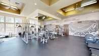 Located at 8885 W Thunderbird Rd in Peoria, AZ, this well-equipped fitness center offers a comprehensive workout environment within a generously sized, single-level space. The room features soaring ceilings with distinctive gold-accented tray ceiling details, recessed lighting, and ceiling fans that contribute to an open, airy atmosphere.

Large multi-pane windows line the walls, flooding the interior with abundant natural light and providing views of the surrounding Arizona landscape, including palm trees and lush greenery. The flooring throughout is durable dark rubber, ideal for high-traffic fitness use.

The space is divided into functional workout zones. The cardio area is equipped with multiple treadmills, elliptical machines, and stationary recumbent and upright bikes positioned to face the windows. The strength training section features a variety of cable and resistance machines, a dumbbell rack, and a vertical knee raise station, complemented by floor-to-ceiling mirrors that visually expand the space.

A standout design element is the large panoramic black-and-white baseball stadium mural spanning one wall, paired with an inspirational Babe Ruth quote in bold red lettering, adding a motivational and character-rich ambiance. The overall design is clean, functional, and energizing, making this fitness center a well-rounded amenity for residents.