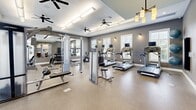 Located in Apopka, Florida, this fitness center offers a comprehensive workout environment within a generously sized, single-floor layout. The gym features a distinctive tray ceiling accented by multiple ceiling fans and a combination of recessed and pendant lighting, creating a bright and well-ventilated atmosphere. Neutral gray walls and durable speckled flooring give the space a clean, modern aesthetic throughout.

The cardio area is equipped with multiple treadmills and elliptical machines, each fitted with individual display screens. A dedicated strength training section includes a cable crossover machine, a multi-function weight station, and adjustable benches suited for a variety of exercises. The free weight area features a full rack of dumbbells in graduated sizes, displayed in front of a large wall mirror that visually expands the space and allows users to monitor their form.

Natural light filters in through several windows fitted with blinds, offering views of the surrounding outdoor area, including a glimpse of a pool. A wall-mounted television is positioned for convenient viewing during workouts. The open floor plan allows for ample circulation between equipment zones, supporting both individual and simultaneous use. The overall ambiance is functional, clean, and inviting — well-suited for a consistent fitness routine.