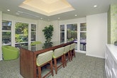 Located at 1200 Dale Ave in Mountain View, CA, this single-floor space offers a thoughtfully designed interior that blends modern aesthetics with a warm, inviting atmosphere. The main area features a distinctive tray ceiling with recessed lighting, creating a sense of depth and elegance overhead. Large, white-framed windows line multiple walls, flooding the space with abundant natural light and offering lush, verdant garden views that bring the outdoors in.

The open layout accommodates a substantial dark-wood conference or dining table surrounded by striped upholstered chairs, making it well-suited for meetings or collaborative gatherings. A seating area with chartreuse accent chairs and a sculptural white side table adds a casual, contemporary touch. Tall potted plants, including a striking fiddle-leaf fig, contribute to the space's refreshing, nature-inspired ambiance.

An accent wall dressed in a bold botanical-patterned wallpaper anchors one end of the space, complemented by a white credenza and a framed mirror. The entryway is clean and functional, featuring a solid white door with a sidelight window and an intercom panel. Textured, multicolored carpeting runs throughout, tying the design together cohesively. The overall atmosphere is bright, professional, and polished, ideal for a boutique office or community meeting space.