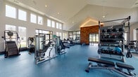 This modern fitness center is designed to accommodate a wide range of workout needs within a single, thoughtfully organized facility. The main exercise floor is defined by a dramatic vaulted ceiling that rises to impressive heights, creating an open, airy atmosphere. Rows of tall windows line the walls, flooding the space with natural light and offering views of the surrounding outdoors. The durable blue rubber flooring extends throughout, providing both safety and a clean, contemporary aesthetic.

The main floor is comprehensively equipped with Matrix-brand strength machines, adjustable benches, a multi-functional cable and free weight station, medicine ball racks, and a full selection of dumbbells. Cardio equipment, including multiple treadmills, ellipticals, cycling bikes, and a stair climber, is thoughtfully distributed throughout the space. A striking wood-panel accent wall serves as an architectural focal point, complemented by large mirrored sections that enhance the sense of depth.

A separate yoga and movement studio adjoins the main floor, offering light hardwood flooring, full-length mirrors, a ballet barre, a large display screen, and an assortment of stability balls, resistance bands, and yoga accessories. The studio features decorative wainscoting and textured wallpaper, giving it a distinct, calming character ideal for stretching, yoga, or group fitness activities.