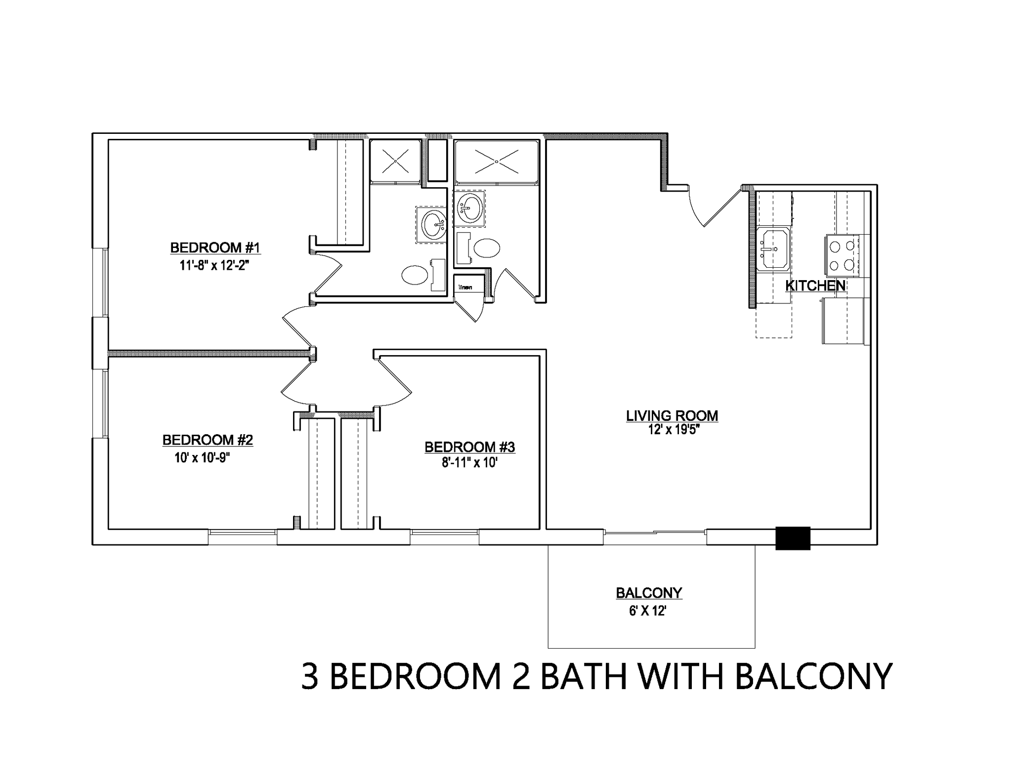 Skyview Terrace (in-unit washer/dryer) – 3 Bed/ 2 Bath Blcny