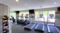 This fitness center is thoughtfully designed to provide a motivating and functional workout environment. The space is outfitted with multiple treadmills and elliptical machines, catering to a variety of cardio training preferences. Several wall-mounted flat-screen televisions are positioned throughout the room, allowing members to stay entertained or informed during their workouts. Large windows line the walls, flooding the interior with natural light and offering pleasant views of lush greenery and tropical foliage outdoors, creating a refreshing and energizing atmosphere. The flooring features durable rubber matting, ideal for high-traffic fitness use and providing both comfort and safety underfoot. Recessed lighting in the textured ceiling supplements the natural light, ensuring the space remains well-lit at all hours. The walls are finished with a distinctive horizontal striped color block design in muted greens, tans, and whites, adding a clean and contemporary aesthetic to the interior. A mirror is positioned along one side of the room, enhancing the sense of openness. Overall, the fitness center strikes a balance between functionality and comfort, making it a welcoming space for daily exercise routines.