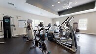 This fitness center is a thoughtfully designed, single-floor facility offering a comprehensive workout experience. The space is divided into distinct functional zones, accommodating both cardiovascular training and strength work. The main cardio area is generously proportioned, housing a lineup of Precor equipment including treadmills, elliptical trainers, stair climbers, stationary bikes, and a rowing machine. Rubber flooring throughout protects equipment and provides safe footing. A standout architectural feature is the tray ceiling, finished in a contrasting dark tone and outfitted with recessed lighting and a ceiling fan, adding dimension to the room while maintaining comfortable airflow. Multiple windows fitted with blinds allow natural light to fill the space without glare, creating a bright and inviting atmosphere. A dedicated strength-training area features a full rack of dumbbells, a weight bench, and several Precor cable and resistance machines, with floor-to-ceiling mirrors amplifying the sense of space and supporting proper form. A separate alcove provides a private setting with a recumbent bike, wall-mounted mirror, and television. Posted fitness center guidelines are displayed near the entrance, and an exit door ensures easy access throughout.