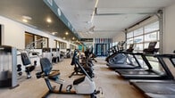 Located at 1900 State Highway 25 in Gainesville, FL, this fitness center offers a comprehensive and thoughtfully designed workout facility spread across a single floor. The space is divided into distinct training zones, each catering to different exercise disciplines. The cardio area is generously outfitted with treadmills, ellipticals, stair climbers, stationary bikes, and rowing machines from reputable brands including Xebex and StairMaster, all positioned to take advantage of natural light streaming through large glass garage-style doors that look out onto lush outdoor surroundings. A dedicated strength and functional training zone features selectorized machines, free weights, barbells, weight plates, and a rubber-floored area equipped with a heavy tire for functional fitness workouts. The interior design combines clean white walls with teal and dark navy accent colors, linear LED lighting, and ceiling fans that enhance airflow throughout. Large mirrors are strategically placed to maximize the sense of space. A distinctive navy vertical slat divider adds a modern architectural touch between zones. The glass-paneled double entry doors, dark textured rubber flooring in the free weights area, and carpet-style flooring in the cardio zone round out a polished, functional environment suited to a wide range of fitness routines.