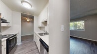 This single-story residence in Walnut Creek, California offers a well-organized layout with consistent dark hardwood-style flooring throughout, creating a cohesive and modern aesthetic. The textured ceilings are a consistent architectural detail found across the living spaces.

The living area is generously sized, bathed in natural light through large sliding glass doors that open to a private balcony with outdoor views of surrounding greenery. An additional window further enhances brightness, and a ceiling fan provides comfort year-round.

The galley-style kitchen is efficiently designed with white cabinetry, light countertops, a stainless steel sink, a dishwasher, a stainless steel refrigerator, and an electric range. A pass-through opening connects the kitchen to the adjoining living and dining areas, promoting an open flow.

The bedroom features a large window overlooking lush tree canopy, bringing in natural light and serene views. A spacious walk-in closet offers dual shelving and hanging rods on both sides, providing substantial storage. The bathroom includes a soaking tub with a handheld showerhead, chrome fixtures, and clean white tile surround.