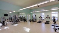 This fitness center offers a clean, functional environment designed to support a variety of workout routines. The room is finished with soft sage-green walls that create a calm, welcoming atmosphere, complemented by light-toned flooring that reflects the abundant natural light streaming in through multiple windows. Large mirrors line one wall, visually expanding the space and allowing users to monitor their form during exercise. Overhead, fluorescent strip lighting and a ceiling fan ensure the room remains well-lit and ventilated. The cardio section is equipped with treadmills and elliptical machines, each fitted with individual display screens for tracking workout metrics. A rowing machine adds additional low-impact cardio options. On the strength training side, a multi-station cable machine provides a range of resistance exercises. The open floor plan allows for easy movement between equipment and leaves ample space for stretching or floor exercises. French-style doors and windows along the walls connect the interior to the outdoors, enhancing the sense of openness. Overall, the fitness center provides a practical and pleasant setting for residents or members to maintain an active lifestyle.