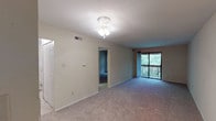 Located at 11614 Old Ballas Rd in Creve Coeur, Missouri, this single-floor residence offers a comfortable and functional layout designed for everyday living. The spacious living room is finished with plush wall-to-wall carpeting and illuminated by a ceiling fan light fixture. A large sliding glass door opens to a private balcony overlooking lush greenery, bringing abundant natural light into the space and creating a seamless indoor-outdoor connection. The kitchen features light wood-toned laminate countertops, a stainless steel single-basin sink, and ample cream-toned cabinetry above and below for generous storage. The bedroom is generously sized with soft carpeting, a closet with louvered doors, and a window that frames peaceful outdoor views. The bathroom includes a vanity with cabinet storage and a shower-tub combination. A dedicated utility area, accessible through louvered double doors, houses the in-unit washer and dryer along with additional storage space. Throughout the residence, neutral wall tones and consistent flooring materials contribute to a clean, cohesive aesthetic, making it a practical and move-in-ready home in the Creve Coeur area.