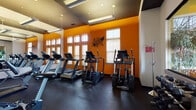 Located at 90 Bristol Station in Carteret, NJ, this single-floor fitness center is designed to support a well-rounded workout experience. The main gym area is immediately striking, with bold orange accent walls, rubber flooring, and large windows that allow natural light to fill the space. A full-length mirror along one wall enhances the sense of openness and allows users to monitor their form during exercise. The cardio section is well-appointed, featuring multiple treadmills and elliptical machines from reputable brands including True Fitness and BH Fitness. A multi-station cable and weight machine provides options for full-body strength training, while a dedicated free weight rack offers a range of dumbbells for varied resistance workouts. Mounted flat-screen televisions are positioned throughout for entertainment during workouts. Pendant and recessed lighting illuminate the space evenly, creating an energetic yet functional atmosphere. Adjacent to the main gym is a children's play area, thoughtfully designed with warm yellow walls, carpeted flooring, colorful wall art, a wall-mounted TV, and an assortment of toys and storage baskets. A large window in the play area brings in natural light and provides outdoor views. A glass viewing window connects the play area to the gym, allowing caregivers to supervise children while exercising.