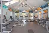 This fitness center is designed to support a full range of workout routines in a welcoming, energizing environment. The space features soaring vaulted ceilings accented by ceiling fans, which enhance airflow and contribute to an open, airy atmosphere throughout. Recessed lighting complements the abundant natural light streaming in through multiple large windows and arched glass panels, keeping the interior bright and inviting.

The facility is organized into distinct workout zones. A dedicated cardio area houses treadmills, elliptical trainers, stationary bikes, and a rowing machine, all positioned near windows to provide outdoor views during exercise. A strength training section offers a multi-station cable machine, a rack of free weights, and several adjustable benches arranged on protective rubber flooring. Stability and medicine balls are also available for functional training.

Full-length mirrors line one wall, visually expanding the space and serving as a practical training aid. Motivational photographic murals run along the upper perimeter of the walls, adding a dynamic, gym-culture aesthetic. Wall-mounted flat-screen televisions are positioned throughout for entertainment during workouts.

The flooring throughout is durable rubber, suitable for heavy equipment and high-traffic use. French-style interior glass doors connect sections of the space, maintaining an open feel while defining different areas of the facility.