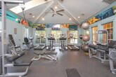 This fitness center is designed to support a full range of workout routines in a welcoming, energizing environment. The space features soaring vaulted ceilings accented by ceiling fans, which enhance airflow and contribute to an open, airy atmosphere throughout. Recessed lighting complements the abundant natural light streaming in through multiple large windows and arched glass panels, keeping the interior bright and inviting.

The facility is organized into distinct workout zones. A dedicated cardio area houses treadmills, elliptical trainers, stationary bikes, and a rowing machine, all positioned near windows to provide outdoor views during exercise. A strength training section offers a multi-station cable machine, a rack of free weights, and several adjustable benches arranged on protective rubber flooring. Stability and medicine balls are also available for functional training.

Full-length mirrors line one wall, visually expanding the space and serving as a practical training aid. Motivational photographic murals run along the upper perimeter of the walls, adding a dynamic, gym-culture aesthetic. Wall-mounted flat-screen televisions are positioned throughout for entertainment during workouts.

The flooring throughout is durable rubber, suitable for heavy equipment and high-traffic use. French-style interior glass doors connect sections of the space, maintaining an open feel while defining different areas of the facility.