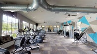 This fitness center is a generously sized, single-floor facility designed to accommodate a comprehensive range of workout needs. The space is divided into distinct functional zones, including a dedicated cardio area and a strength training section, allowing users to move efficiently between equipment types.

The cardio zone is lined with multiple treadmills, elliptical trainers, and stair climbers, all positioned along a wall of large, grid-paned windows that flood the area with natural light and offer views of the surrounding outdoor amenity spaces, including what appears to be a pool area with palm trees. Mounted televisions provide entertainment during workouts.

The strength training area features a multi-station cable machine system, a full rack of dumbbells ranging across various weights, adjustable benches, and additional resistance equipment. A bold geometric mural in shades of blue, gray, and white serves as a striking focal point on one wall, adding a modern, energetic aesthetic to the space.

Overhead, exposed silver ductwork runs across the ceiling, complemented by ceiling fans that contribute to airflow throughout the room. The flooring consists of durable, patterned carpet tiles. Large mirrors are strategically placed to enhance the sense of space. The overall ambiance is bright, open, and purpose-built for fitness.