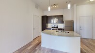 Located at 1100 South Boulevard in Charlotte's vibrant South End neighborhood, this one-bedroom, one-bathroom residence offers a well-designed single-floor layout with a thoughtful mix of modern finishes and functional spaces. The kitchen serves as a central highlight, featuring dark cabinetry, granite countertops, stainless steel appliances including a refrigerator, range, and built-in microwave, and a curved peninsula with a double undermount sink. Pendant lighting above the peninsula adds a contemporary touch, while wood-look flooring extends throughout the main living and kitchen areas, creating a cohesive and clean aesthetic. The bedroom is generously sized, finished with plush carpet, a ceiling fan, and a window that allows natural light to filter in. A spacious walk-in closet with multi-level wire shelving connects directly to the bedroom, providing ample storage. The full bathroom is well-appointed with dark vanity cabinetry, a marble-style countertop, a framed mirror with vanity lighting, and a tub-shower combination, all set on wood-look tile flooring. A dedicated in-unit laundry area with side-by-side washer and dryer hookups adds everyday convenience. The overall ambiance is clean, contemporary, and move-in ready.