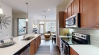 This single-floor residence offers a well-designed layout that seamlessly connects the kitchen, dining, and living areas into one cohesive open-concept space. The kitchen is a standout feature, equipped with rich warm-toned wood cabinetry extending to the ceiling for ample storage, white quartz countertops, a tile backsplash with under-cabinet lighting, and a full suite of stainless steel appliances including a range, microwave, dishwasher, and refrigerator. A central island with a built-in sink and pendant lighting above serves as both a functional workspace and a casual gathering point.

Dark hardwood-style flooring runs throughout the main living areas, creating a grounded, cohesive aesthetic. The living room benefits from large windows that allow generous natural light to fill the space, paired with a ceiling fan for added comfort. A private entry door with transom windows adds architectural interest and further enhances the brightness.

The bedroom is a calm, carpeted retreat with a sizable window and ample room for furnishings. The adjoining bathroom features warm wood vanity cabinetry, white quartz countertops, a wide mirror with overhead lighting, and tile flooring, offering a clean and functional finish throughout.
