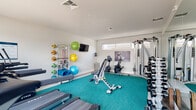 This single-level fitness center is thoughtfully designed to support a comprehensive workout experience. The space is finished with crisp white walls, a clean white ceiling with recessed ventilation, and a vibrant teal carpet that defines the central exercise zone, transitioning to neutral tones along the perimeter.

Cardio equipment, including multiple TRUE-brand treadmills and a stationary bike, lines one side of the room and benefits from abundant natural light streaming through large floor-to-ceiling windows and glass doors that face an outdoor patio area, offering views of umbrella-shaded seating. A wall-mounted flat-screen television is positioned for viewing during workouts.

On the opposite side, a well-organized rack holds an extensive range of dumbbells, complemented by a multi-functional Hoist cable machine suitable for a variety of strength training exercises. A dedicated functional training station features a rack system stocked with colorful stability balls, resistance bands, and foam rollers. Full-length mirrors along one wall visually expand the space and allow users to monitor their form. The overall ambiance is bright, modern, and energizing, providing a complete environment for both cardio and strength-focused fitness routines.