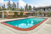 Located at 1032 W Remington Ave in Sunnyvale, California, this outdoor amenity space is a well-appointed recreational area designed for comfort and leisure. The centerpiece is a generously sized rectangular swimming pool with a classic brick-edged surround and a wide concrete deck, offering ample space for lounging with multiple chaise chairs and orange-accented patio umbrellas providing shade. Adjacent to the pool, a hexagonal spa sits beneath a handsome white pergola structure framed by lush greenery, manicured shrubs, and mature redwood and deciduous trees that lend a sense of privacy and natural beauty. A dedicated outdoor seating area near the entrance features a round table, chairs, and a large gazebo-style umbrella, ideal for casual gatherings. A volleyball net area adds a recreational element to the space. The surrounding landscape is rich with established trees and manicured plantings, creating a park-like atmosphere. The multi-story residential buildings lining the perimeter feature balconies and gray wood siding that complement the natural setting. Iron fencing and gated access define the space while maintaining an open, welcoming feel. Overall, this amenity area offers a resort-like outdoor experience in the heart of Sunnyvale.