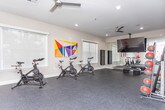 This single-floor fitness facility in Statesboro, Georgia, offers a thoughtfully designed workout environment suited for a wide range of exercise routines. The main workout area features durable rubber flooring throughout, providing traction and impact absorption ideal for high-intensity training. Neutral-toned walls, recessed lighting, and a ceiling fan contribute to a clean, focused atmosphere.

The space is well-organized with dedicated zones for various training modalities. A full-length wall mirror, ceiling-mounted flat-screen television, and open floor space make the room suitable for group or individual workouts. Equipment includes a Schwinn cycling bike, a rack of color-coded dumbbells, stacked weight plates, TKO medicine balls, and stability balls on a vertical rack.

Natural light enters through multiple windows fitted with roller shades, offering views of the surrounding outdoor landscape. An adjacent room, accessible through a glass-paneled door, features hardwood-style flooring and serves as a secondary studio space, accented by vibrant geometric wall art that adds a lively visual contrast to the facility's otherwise minimal aesthetic. The overall layout balances functionality with an inviting, modern design.