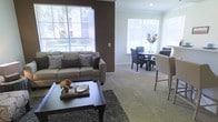 This single-story space offers an open-concept layout that seamlessly connects the living and dining areas, creating a cohesive and functional environment. The living area is anchored by a plush, neutral-toned sofa accented with decorative throw pillows, complemented by a dark wood coffee table atop a textured area rug. A bold, dark brown accent wall adds depth and visual contrast against the otherwise light and airy interior.

Large windows throughout the space allow abundant natural light to flow in, offering views of lush greenery outside and enhancing the overall brightness of the interior. The neutral carpeting runs throughout, providing a soft, uniform foundation that ties the spaces together.

The dining area sits adjacent to the living space and features a dark wood table surrounded by matching chairs, with a floral centerpiece adding a subtle decorative touch. A counter-height chair positioned at the transition between areas suggests additional seating flexibility. The overall ambiance is warm, approachable, and well-suited for both relaxed everyday living and casual entertaining.