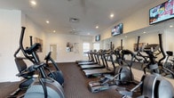 Located at 5927 Avery Wood Ave in Dublin, Ohio, this single-floor fitness center is a well-appointed community gym designed to support a comprehensive workout routine. The space is generously sized, offering ample room for both cardio and strength training activities without feeling cramped.

The cardio zone features a row of treadmills and elliptical machines, including recumbent-style bikes, all positioned along a wall of large floor-to-ceiling mirrors that enhance the sense of space and allow users to monitor their form. Multiple flat-screen TVs are mounted throughout, providing entertainment during workouts.

The strength training area is equally well-equipped, housing a multi-station cable machine, a dumbbell rack with a full range of free weights, a weight bench, and additional resistance machines. This section is situated near natural light sources, with several windows dressed in white blinds allowing daylight to filter in and create a bright, motivating atmosphere.

The interior finishes are clean and functional, with neutral white walls, recessed lighting, and durable patterned carpet flooring suited for high-traffic use. Ceiling fans contribute to comfort and air circulation throughout the space. The overall ambiance is professional and well-maintained, making it a practical and inviting facility for residents seeking convenient access to fitness amenities.