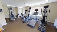 This fitness center is a dedicated, single-floor exercise space designed to accommodate a variety of workout needs. The room features a neutral color palette with beige walls and durable, cushioned flooring that provides comfort underfoot during exercise sessions. Natural light filters in through large windows, offering views of the surrounding brick exterior and creating a bright, energizing atmosphere.

The space is equipped with a well-rounded selection of modern fitness machines. Cardio equipment is prominently featured and includes a treadmill and two elliptical trainers, each outfitted with individual digital display screens for tracking workout metrics and entertainment. A stationary recumbent bike provides an additional low-impact cardio option. On the strength training side, a multi-use cable and weight machine offers versatility for a range of resistance exercises.

Overhead fluorescent lighting ensures the space remains well-lit throughout the day and evening. The layout is thoughtfully arranged to allow comfortable movement between machines. The overall ambiance is clean, functional, and welcoming, making it a practical and well-appointed facility for users looking to maintain an active lifestyle.