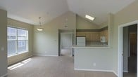 This single-story space is defined by its striking vaulted ceilings, which rise dramatically to create an airy, expansive atmosphere in the main living area. A pendant light fixture hangs gracefully over the living space, complementing the natural light introduced by a skylight positioned above the kitchen zone. The open-concept layout seamlessly connects the living area to the kitchen, which features light wood cabinetry, a peninsula counter with bar-height seating potential, and white appliances including a refrigerator and microwave. The countertops are finished in a neutral tone that coordinates well with the sage green walls found throughout the space. Soft, wall-to-wall carpeting in a warm beige covers the living area floor, contributing to a comfortable and cohesive aesthetic. A hallway visible from the main living area leads to additional rooms, suggesting a practical and well-organized floor plan. The consistent use of muted, neutral tones across the walls, cabinetry, and flooring creates a calm and inviting ambiance that makes the space feel both functional and welcoming.