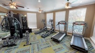 Located in Arlington, Texas, this single-floor fitness center at 2312 Fair Oaks Drive offers a well-equipped exercise space designed to support a range of workout routines. The room is finished with warm taupe walls, white crown molding, and a vibrant multi-toned patterned carpet in shades of green, blue, and yellow, lending the space a modern, energetic aesthetic.

The cardio area is outfitted with multiple treadmills and elliptical trainers positioned along the perimeter of the room, taking advantage of the natural light that filters in through several large windows fitted with white horizontal blinds. Views of surrounding greenery are visible through the windows, contributing to a pleasant workout environment. Multiple ceiling fans with light fixtures provide air circulation and supplemental lighting throughout the space, complemented by recessed ceiling lights.

A large wall-mounted mirror along one side of the room visually expands the space and reflects the strength training equipment, which includes a multi-station cable machine. A stationary bike provides an additional low-impact cardio option. Near the entrance, a wall-mounted flat-screen television and a sanitation station are conveniently positioned. Access to the fitness center is provided through double French doors, connecting it to an adjoining area.