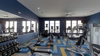 This fitness center is designed to support a full range of workout routines in a bright, energizing environment. The room is finished with deep navy blue walls that create a focused atmosphere, complemented by a striking geometric-patterned carpet in blue, yellow, and gray tones that adds visual energy to the space. A large mirror spans one wall, enhancing the sense of openness and allowing users to monitor their form during exercise. Natural light floods the room through a row of tall, multi-pane windows along the far wall, offering views to the exterior and keeping the space feeling open and airy. The ceiling is finished in white and features a ceiling fan that aids in air circulation during intense workouts. Recessed lighting provides additional illumination. The facility is equipped with a variety of cardio machines, including treadmills, upright bikes, ellipticals, and spin bikes, ensuring diverse training options. A weight bench is also present, rounding out the available equipment. The overall layout is spacious and well-organized, providing ample room to move freely between stations.