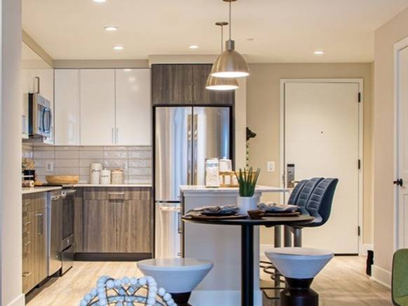 Designer Kitchen with Quartz Counter Tops, Stainless Steel Appliances and Wood-Style Flooring - Meridian on First