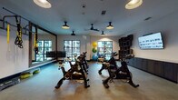 This single-floor fitness studio is thoughtfully designed to support a variety of workout styles within a cohesive, modern space. The main area is anchored by a row of professional-grade spin cycles arranged for group or individual use, complemented by a large wall-mounted display screen that enables on-demand and guided workout sessions. Dark-toned cabinetry lines one wall, providing organized storage, while a modular open shelving unit adds visual depth to the layout.

Natural light filters through large, black-framed windows that offer views of an outdoor courtyard, creating an open and energizing atmosphere. Overhead, a combination of pendant-style industrial fixtures and ceiling fans maintains comfort during high-intensity sessions. Full-length mirrors along one wall visually expand the space and support form correction during exercise.

A secondary area houses a curated selection of kettlebells and free weights on tiered racks, alongside TRX suspension training straps mounted to the wall. Colorful stability and exercise balls add functional variety. The polished concrete flooring throughout is both durable and easy to maintain. Steel-framed glass doors connect the zones, contributing to the studio's clean, contemporary aesthetic.