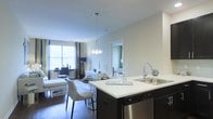 This single-floor residence is designed around an open-concept floor plan that seamlessly connects the kitchen, dining, and living areas into one cohesive, flowing space. The kitchen island serves as a natural focal point, featuring dark cabinetry contrasted by a crisp white countertop, a stainless steel sink with a polished arc faucet, and a built-in stainless steel dishwasher. The island also functions as a casual dining and entertaining surface.

A decorative pendant chandelier with a cascading glass design hangs above the transition between the kitchen and dining area, providing both ambient illumination and an elegant design accent. The dining space is furnished with a contemporary table set beneath the chandelier, creating an inviting area for meals.

The living room extends naturally from the dining area, featuring hardwood-style flooring, neutral-toned walls, and a large window that draws in generous natural light. Dark curtain panels frame the window, adding contrast and depth to the bright interior. The overall ambiance is modern and refined, balancing functional design with stylish, understated décor throughout.