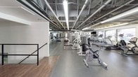 This single-floor fitness center offers a comprehensive workout environment designed to accommodate a wide range of exercise needs. The facility features an exposed structural ceiling with steel beams and industrial fluorescent lighting, lending the space a utilitarian yet functional aesthetic throughout.

The cardio area is extensively equipped with multiple treadmills, elliptical machines, stair climbers, and upright stationary bikes arranged along windowed walls. Large windows line the perimeter, allowing natural light to fill the space and providing outdoor views of surrounding greenery. Mounted flat-screen televisions are positioned throughout for entertainment during workouts.

The strength training section includes a multi-station cable and weight machine setup, accommodating a variety of resistance exercises. A dedicated free weights area features a full dumbbell rack with an organized selection of weights. Mirrored wall panels in the strength zone enhance the sense of space and allow users to monitor their form.

A separate functional training area includes a heavy bag on a freestanding stand, alongside a wood-floor zone suitable for stretching or bodyweight exercises. The facility is accessed through glass double doors and features durable rubber flooring throughout the main workout areas, ensuring safety and comfort during exercise.