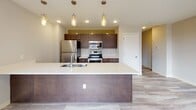 Located at 1110 Euclid Ave in the heart of Cleveland, Ohio, this single-floor unit offers a thoughtfully designed layout with modern finishes throughout. Light-toned luxury vinyl plank flooring runs seamlessly across the entire space, contributing to a clean, cohesive aesthetic.

The kitchen is a standout feature, equipped with dark espresso cabinetry, white quartz countertops, and a full suite of stainless steel appliances, including a refrigerator, range, microwave, and dishwasher. A decorative tile backsplash adds texture, while pendant lighting illuminates both the galley-style prep area and the central island, which includes a sink and additional storage. The open layout connects the kitchen directly to the living area, creating an ideal space for entertaining.

The living area benefits from large, bold-framed windows that frame views of Cleveland's downtown skyline, flooding the space with natural light. The bedroom is a well-proportioned room with its own window offering city views and ample wall space.

The bathroom features marble-style subway tile surrounding the tub and shower, complemented by a dark-cabinetry vanity with a rectangular undermount sink, brushed nickel fixtures, and a large mirror. Recessed lighting throughout the unit adds a polished, contemporary feel.