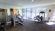 This fitness room is thoughtfully designed to support a comprehensive strength training regimen. The space is outfitted with a selection of Precor and Matrix weight machines, a dual cable pulley system, and free weights including dumbbells, providing users with a variety of workout options. The flooring consists of durable dark carpet tiles suited for a gym environment, offering both comfort and practicality underfoot.

Large windows line one side of the room, allowing abundant natural light to fill the space and offering views of the surrounding exterior. An accent wall painted in a warm orange tone adds a subtle pop of color to the otherwise neutral palette. Full-length mirrors are mounted along one wall, visually expanding the room and allowing users to monitor their form during exercise. Recessed lighting in the ceiling supplements the natural light, ensuring the space remains well-lit throughout the day. The layout is open and functional, with equipment arranged to allow ease of movement between stations. Overall, the space presents a clean, practical, and well-maintained environment suitable for daily fitness use.