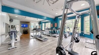 Located at 2951 Satellite Blvd in Duluth, GA, this fitness center spans a single floor and is organized across three dedicated exercise rooms, offering a comprehensive workout environment for users of all fitness levels. The main exercise area features soaring vaulted ceilings, bold teal accent walls, and large windows that flood the space with natural light and outdoor views. Wood-look flooring runs throughout, lending a clean, modern aesthetic. This primary room is outfitted with multiple treadmills, elliptical machines, a cable machine, and a weight bench, all complemented by a large wall mirror that enhances the sense of openness. Ceiling fans provide additional air circulation throughout. A secondary room offers selectorized strength machines, a power rack, stability balls, and motivational wall art, with its own ceiling fans and natural light from a window. The third room serves as a free weights and functional training area, featuring a dumbbell rack, kettlebells, a flat bench, resistance equipment, and a wall-mounted TV — ideal for independent or guided training sessions. Mirrors line the walls here as well, maximizing visibility and space. Together, the three rooms provide a well-rounded, thoughtfully designed facility suited for cardio, strength, and functional fitness training.
