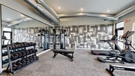 Located at 5532 38th St S in Fargo, North Dakota, this fitness center offers a thoughtfully designed workout environment within a compact, efficiently utilized single-floor space. The room is finished with neutral-toned carpet tiles underfoot and recessed lighting overhead, complemented by exposed industrial-style ductwork that adds a modern, urban character to the ceiling.

One of the most striking design elements is a full-length textured accent wall featuring a bold black, white, and tan abstract pattern, creating a visually dynamic focal point throughout the space. Large floor-to-ceiling mirrors line an adjacent wall, enhancing the sense of openness and allowing users to monitor their form during workouts.

The cardio zone along the windowed wall houses multiple treadmills, elliptical trainers, and rowing machines, all positioned to take advantage of natural light and outdoor views through a row of generously sized windows. Wall-mounted flat-screen televisions are positioned above for convenient viewing during cardio sessions.

The strength training area is equipped with a multi-function cable machine, a full dumbbell rack spanning a wide range of weights, and an adjustable workout bench. A water fountain is conveniently available near the entrance, and a small storage bench provides additional functionality. The overall ambiance is clean, modern, and purpose-driven.